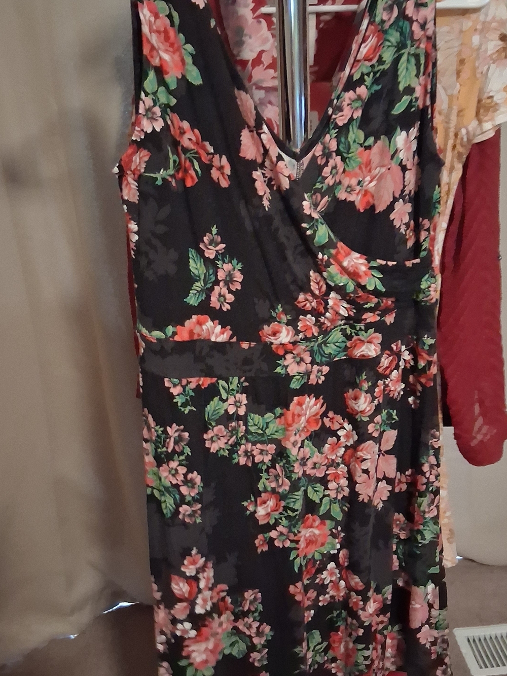 Maurices Black Maxi Dress with Coral & Green Floral Print